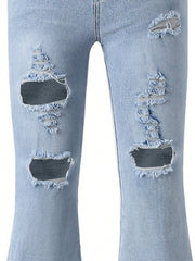 Girls' Casual Flared Jeans - Ripped, Distressed, High Stretch Denim, Zipper Fly