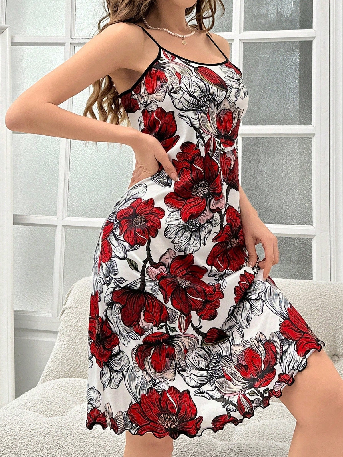 Women'S Rose Pattern Frill Trim Fashionable And Comfortable Camisole Pajama Night Dress Pajama Night Dress