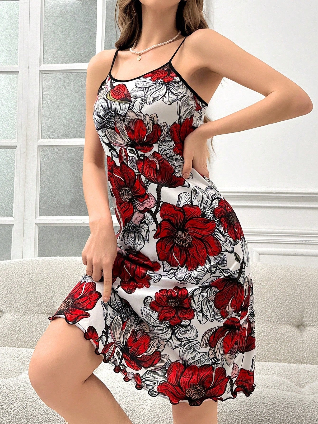 Women'S Rose Pattern Frill Trim Fashionable And Comfortable Camisole Pajama Night Dress Pajama Night Dress