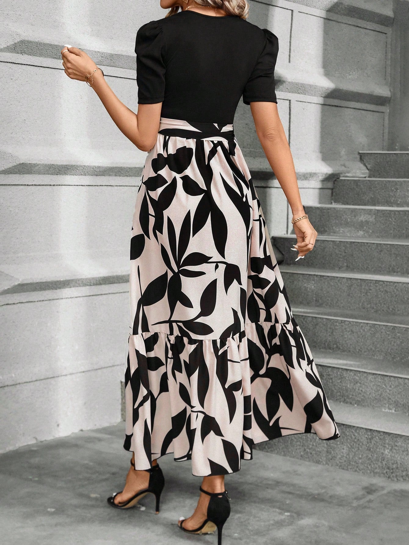 Casual Women's Black Patchwork Dress - Belted, A-Line, Puff Sleeves, High Waist