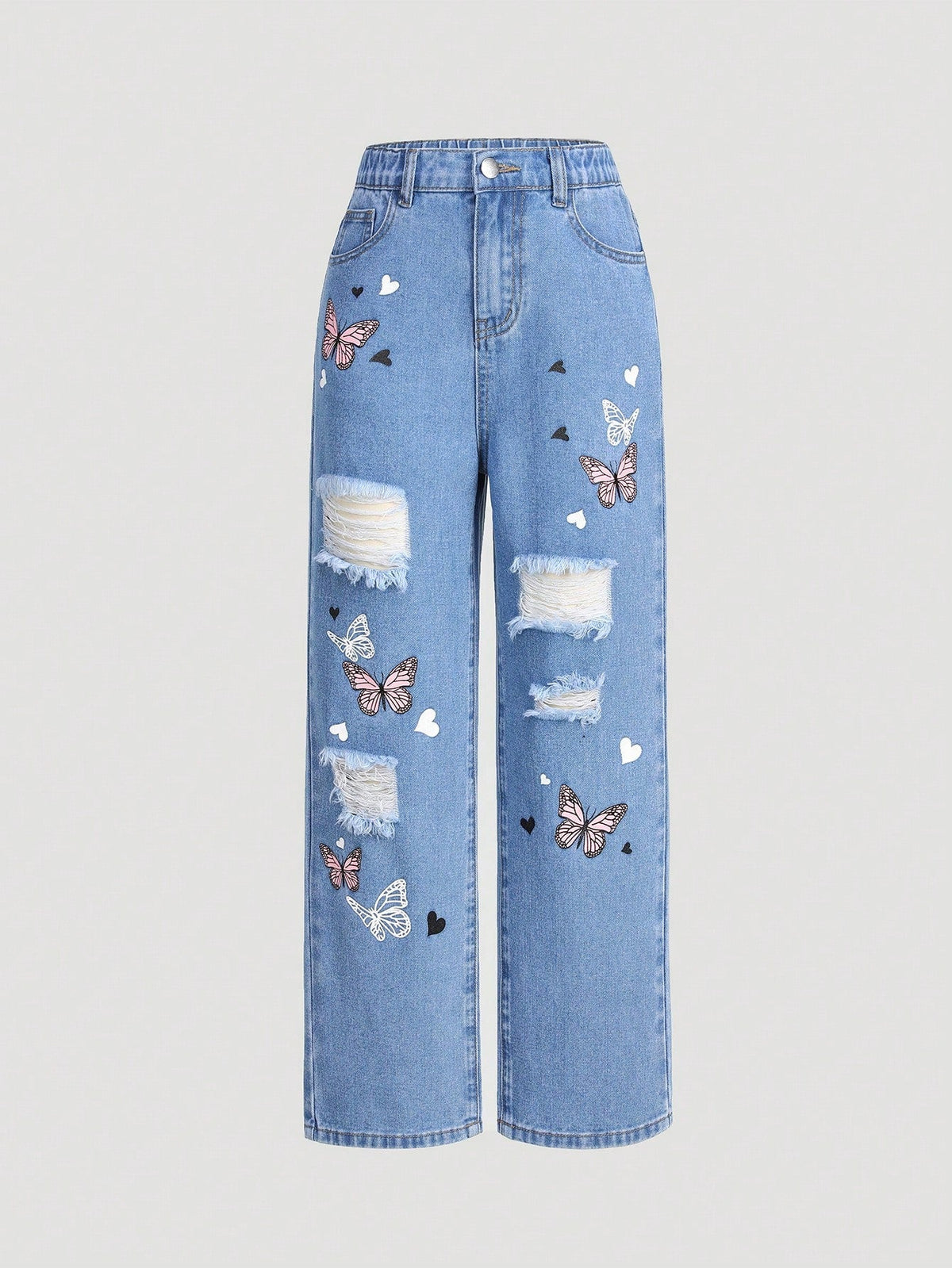 Tween Girl Butterfly Print Distressed Straight Leg Jeans - Loose Fit, Zipper Fly, Denim