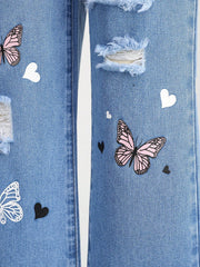 Tween Girl Butterfly Print Distressed Straight Leg Jeans - Loose Fit, Zipper Fly, Denim