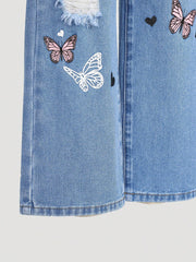 Tween Girl Butterfly Print Distressed Straight Leg Jeans - Loose Fit, Zipper Fly, Denim