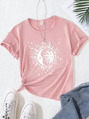 Tween Girl Star & Moon Graphic T-Shirt - Casual, Round Neck, Short Sleeve, Stretch Fabric