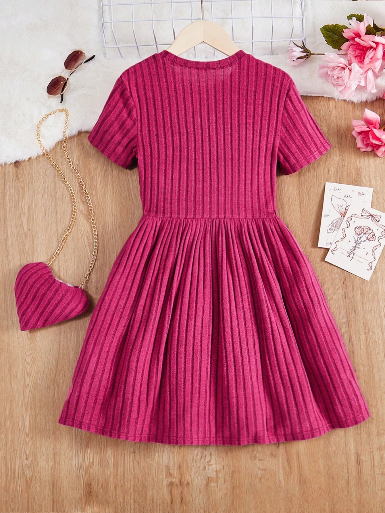 Tween Girl's Knitted A-Line Dress with Heart Bag - Casual, Rib-Knit, Slim Fit, Pleated Hem