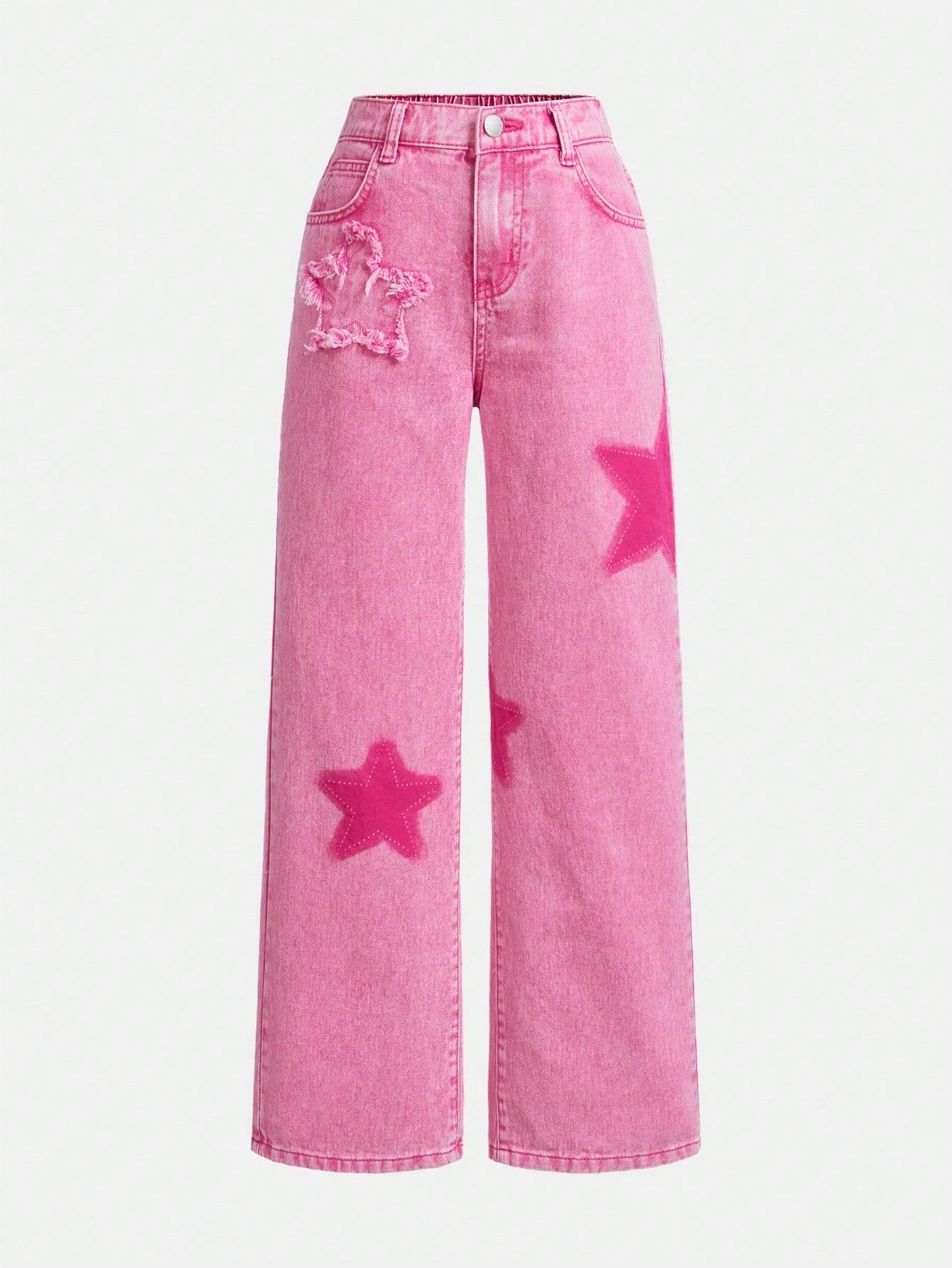 Tween Girls' Starry Pattern Straight-Leg Jeans - Geometric, Zipper Fly, Non-Stretch Denim