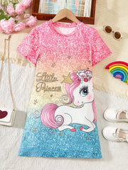 Tween Girl Ombre Unicorn & Letter Print Knitted Midi Dress - Casual Style, Short Sleeve