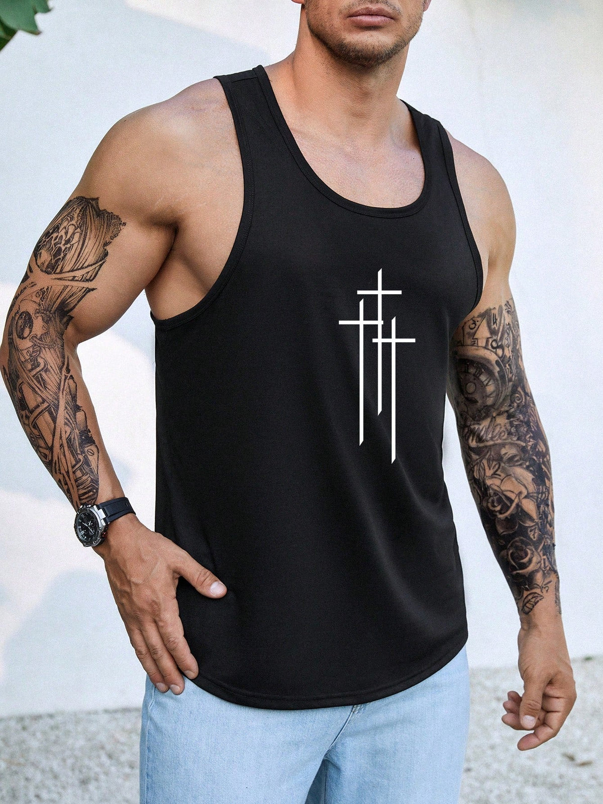 Men's Plus Size Casual Tank Top - Tool Pattern Back, Cross Print, Sleeveless, Scoop Neck