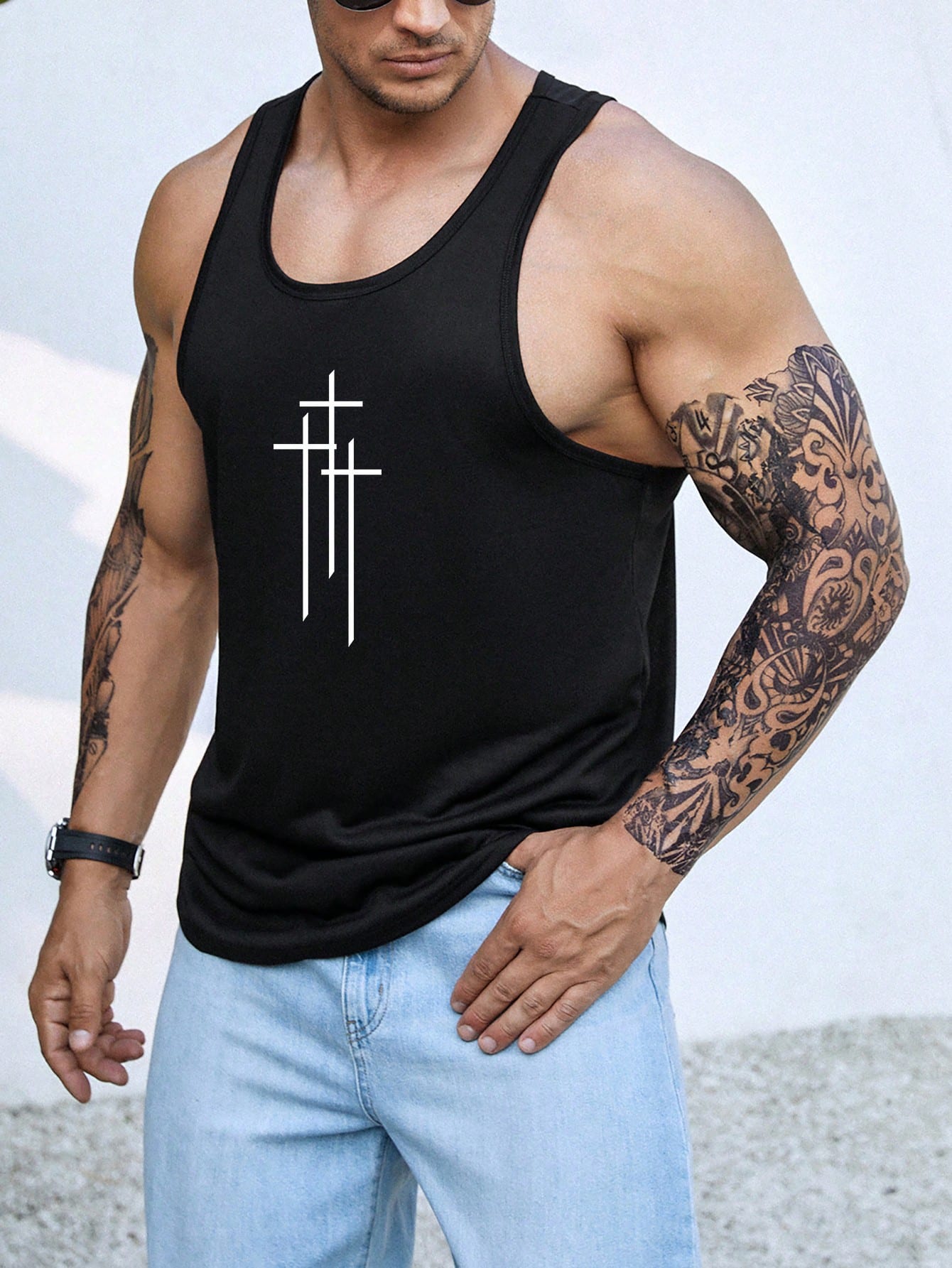 Men's Plus Size Casual Tank Top - Tool Pattern Back, Cross Print, Sleeveless, Scoop Neck