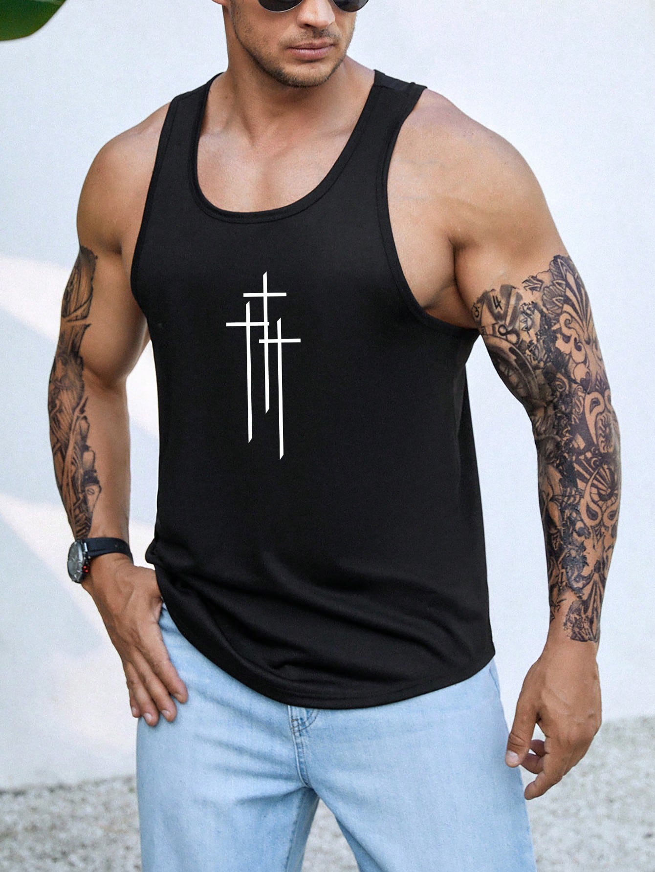 Men's Plus Size Casual Tank Top - Tool Pattern Back, Cross Print, Sleeveless, Scoop Neck