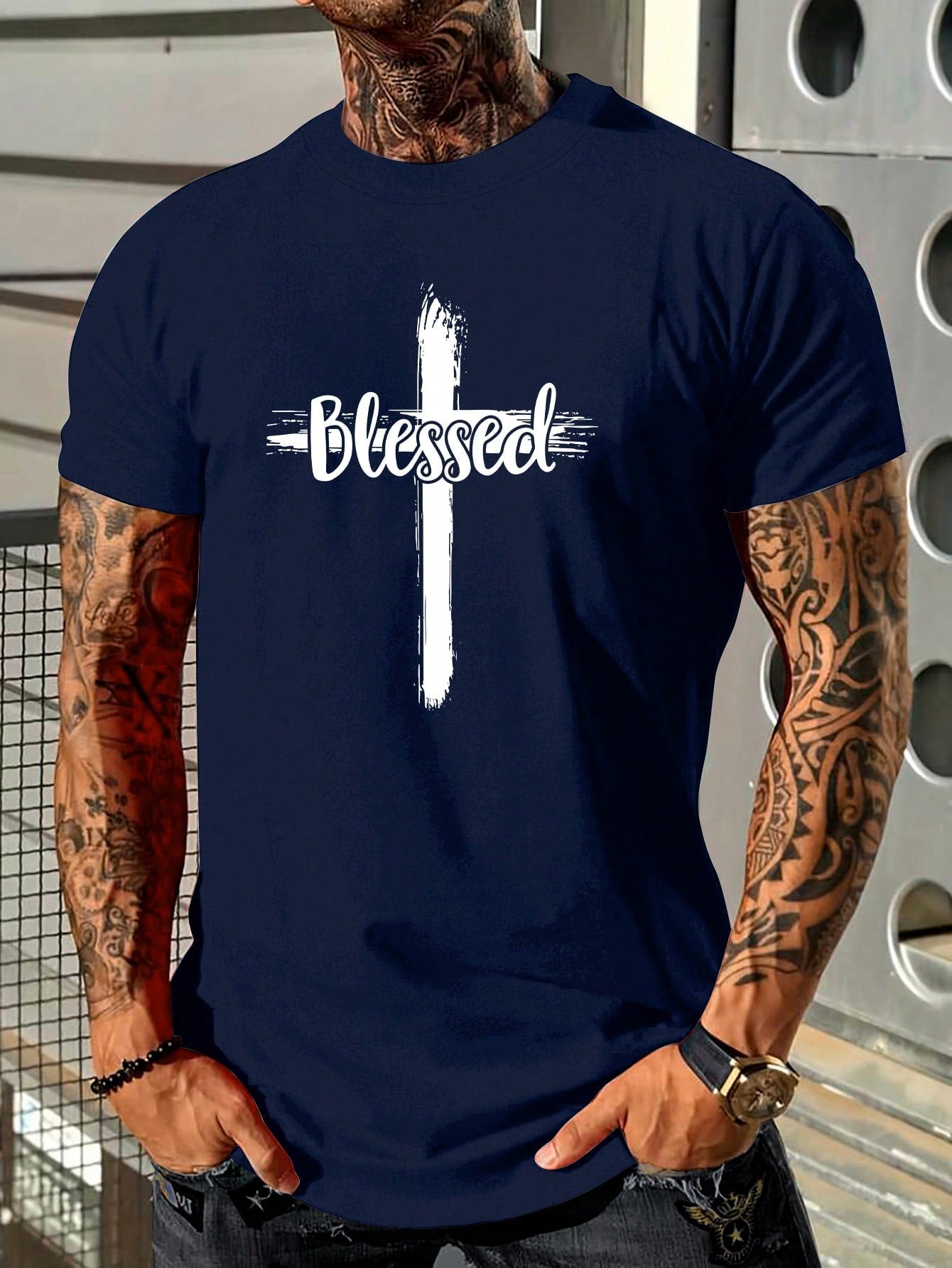 Men's Casual Cross & Letter Print T-shirt, Round Neck, Short Sleeve