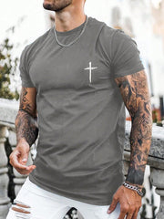 Men's Geometric Cross Print Casual Short Sleeve T-Shirt, Round Neck, Polyester