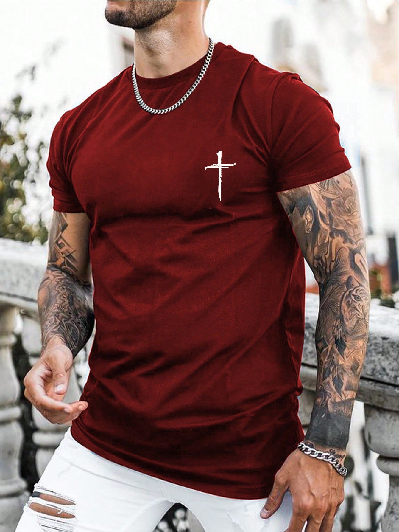 Men's Geometric Cross Print Casual Short Sleeve T-Shirt, Round Neck, Polyester