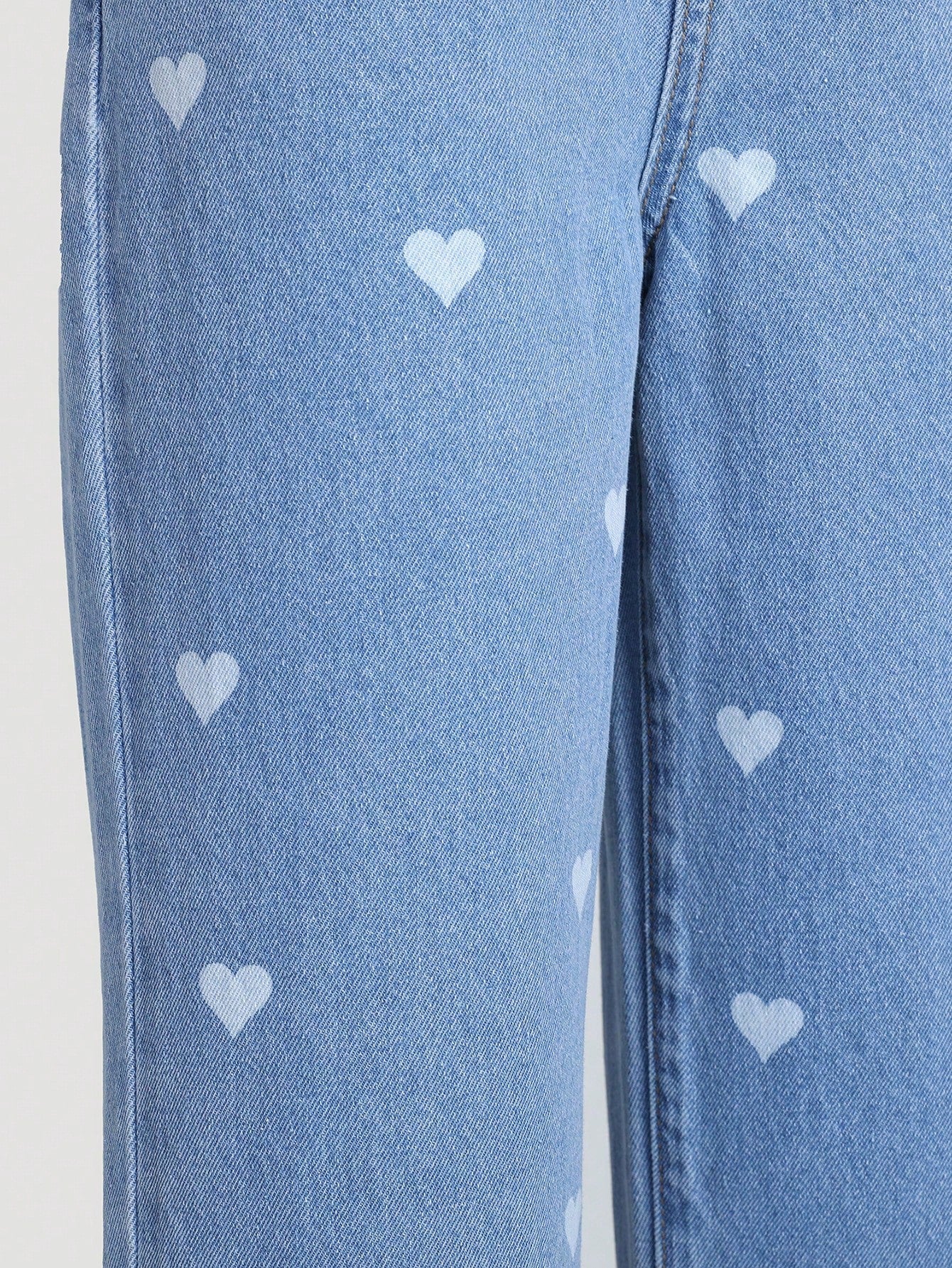 Tween Girl Heart Print Straight Leg Jeans - Zipper Fly, Natural Waist, Non-Stretch Denim