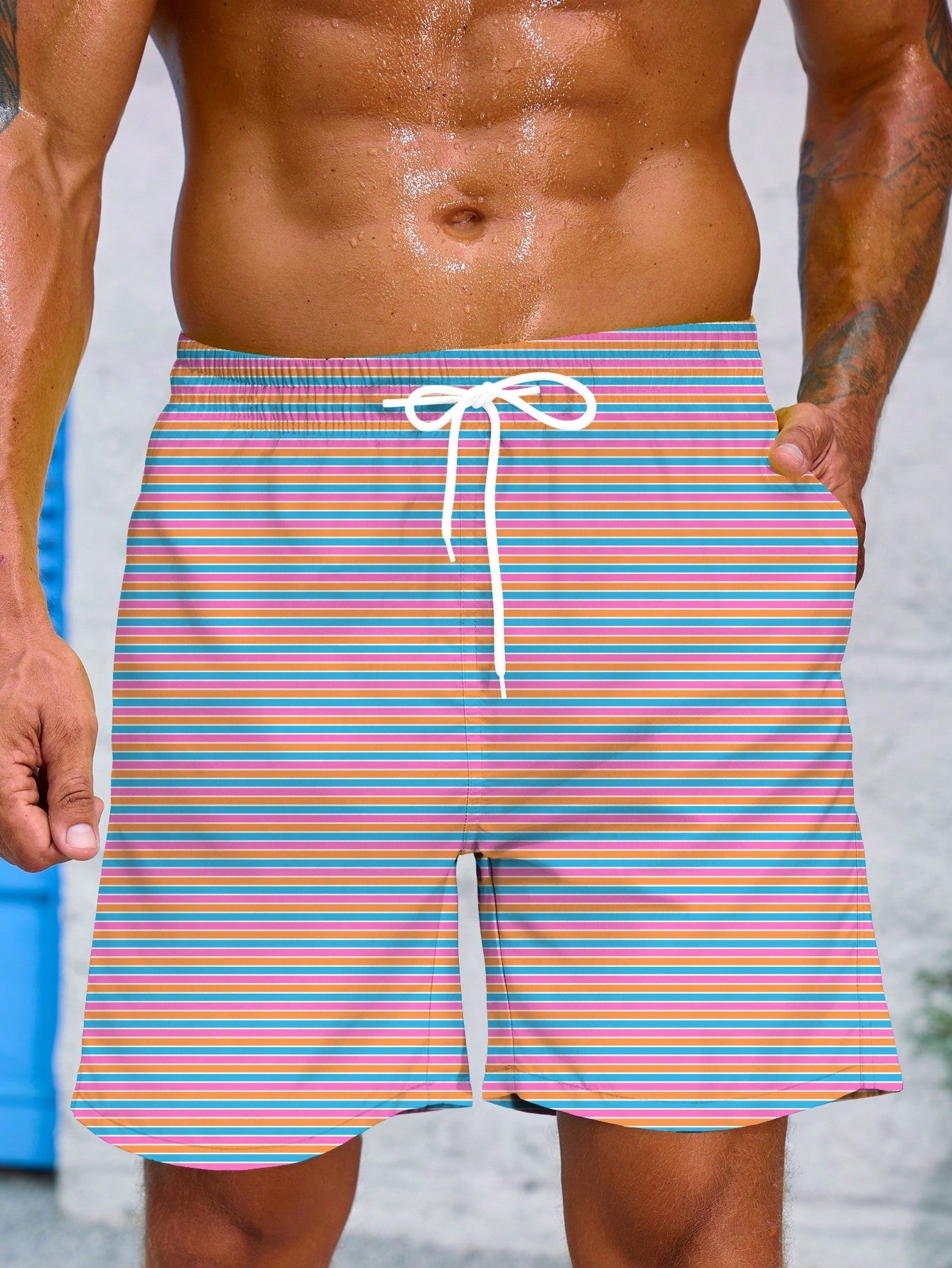 Unisex Striped Bermuda Board Shorts - Drawstring, Tie Back, 100% Polyester, Lined