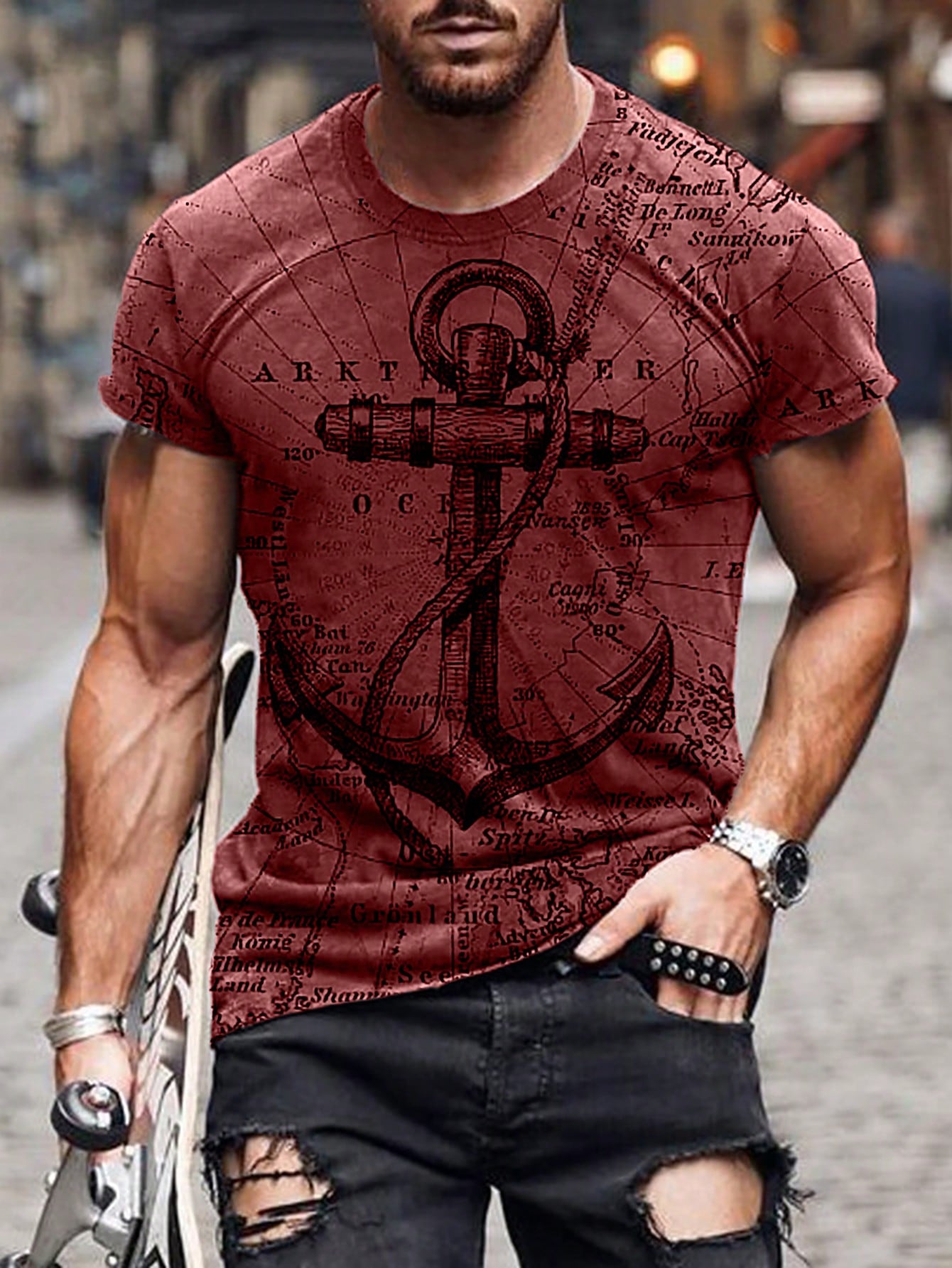 Men's Graphic Print Slim Fit Casual T-Shirt, Short Sleeve, Round Neck