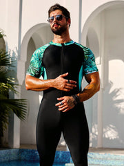 Men's Tropical Color Block One Piece Swimsuit - Zipper, High Stretch, Short Sleeve