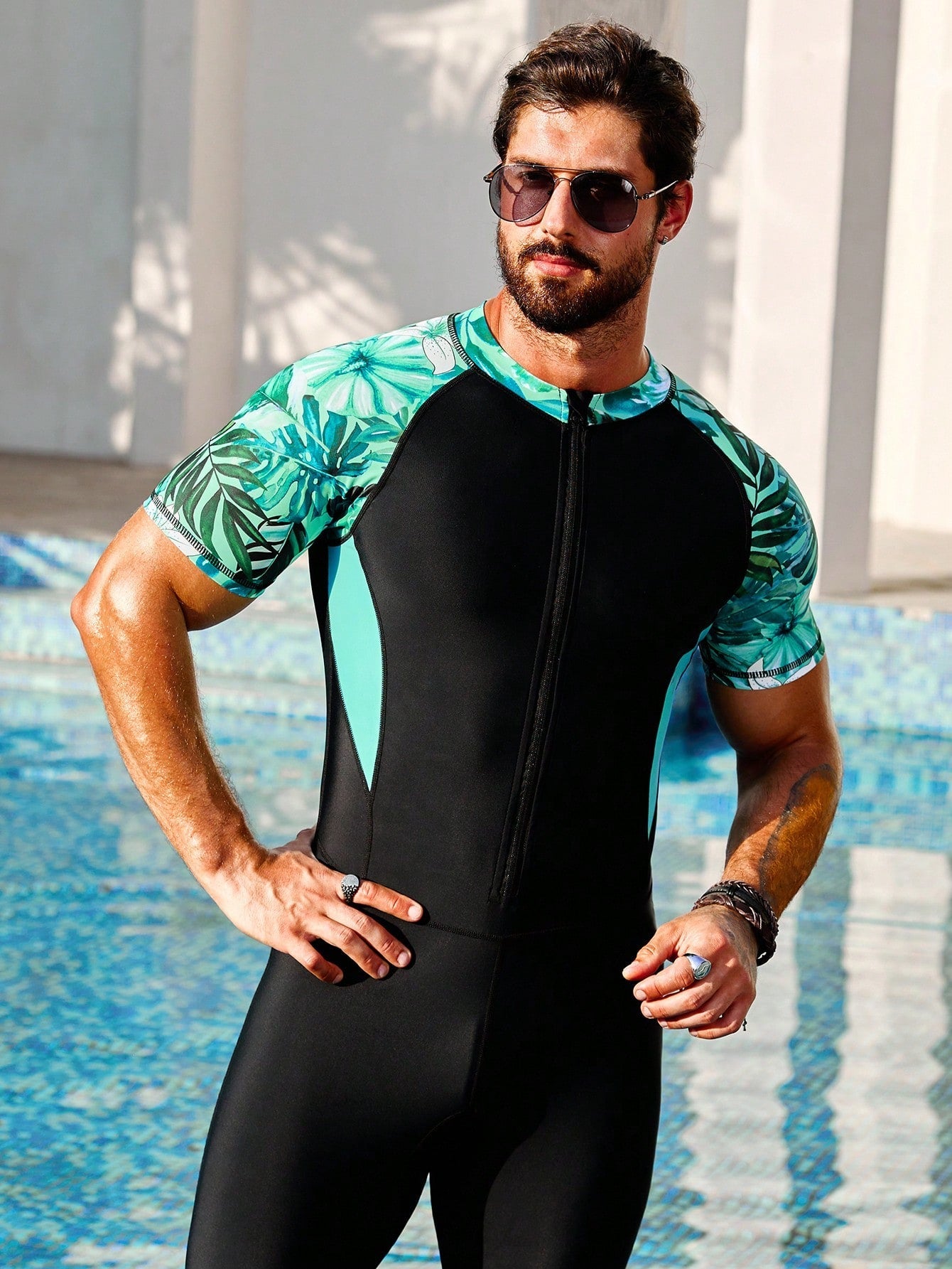 Men's Tropical Color Block One Piece Swimsuit - Zipper, High Stretch, Short Sleeve