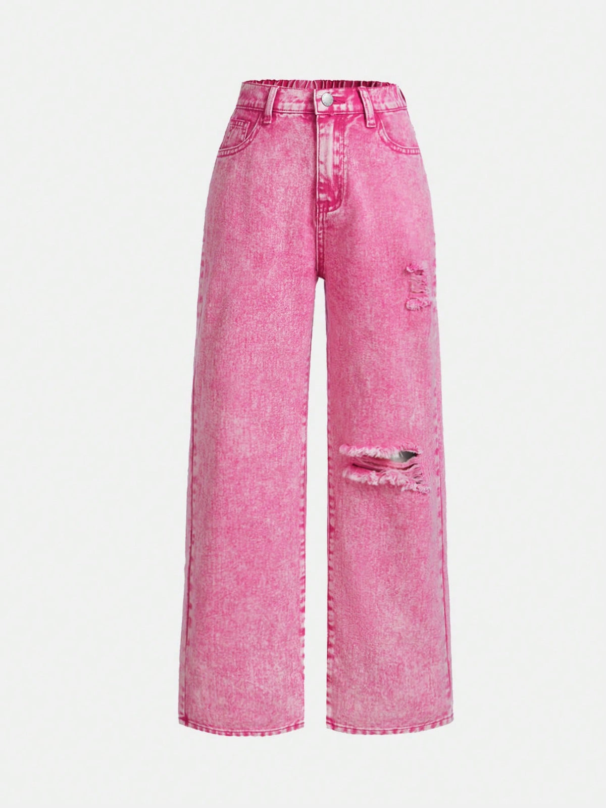 Tween Girl Pink Dopamine Frayed Snowflake High Waist Straight Leg Jeans