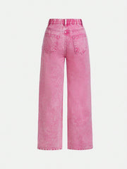 Tween Girl Pink Dopamine Frayed Snowflake High Waist Straight Leg Jeans