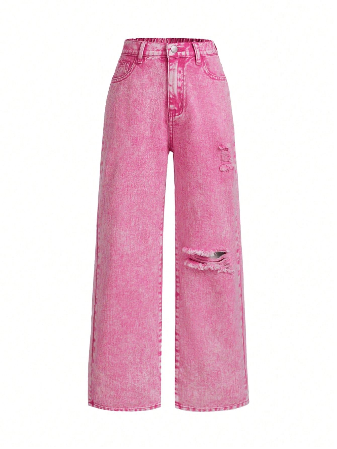 Tween Girl Pink Dopamine Frayed Snowflake High Waist Straight Leg Jeans