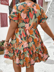Plus Size Boho Batwing Sleeve Dress with Plant Print and Ruffle Hem