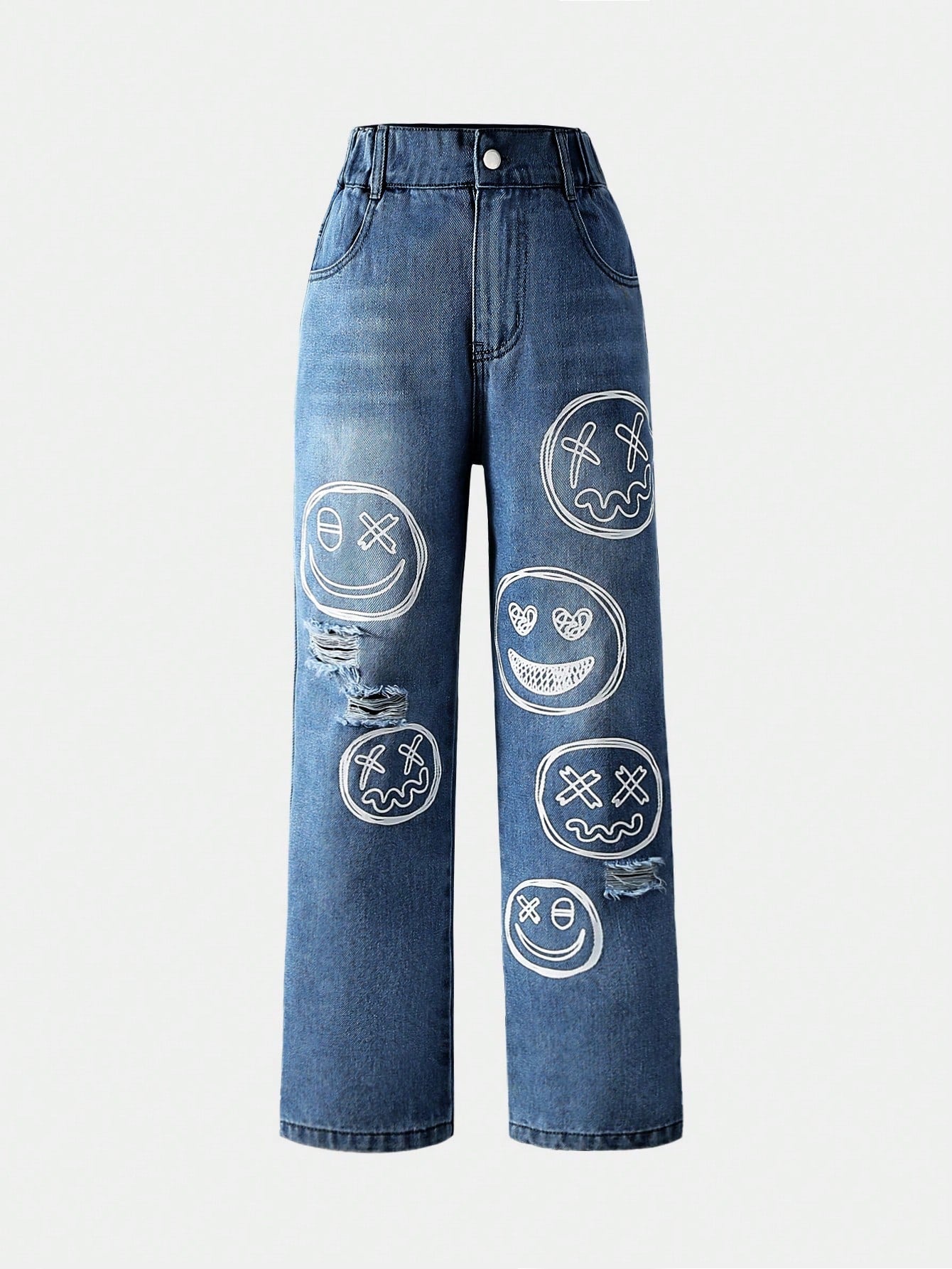 Tween Girl Cartoon Graphic Straight Leg Jeans - Zipper Fly, Natural Waist, Denim