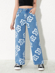 Tween Girls' Floral Print Straight Leg Jeans - Fashionable, Loose Fit, Denim