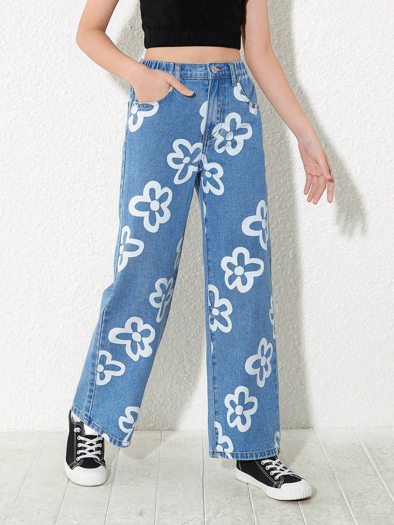 Tween Girls' Floral Print Straight Leg Jeans - Fashionable, Loose Fit, Denim