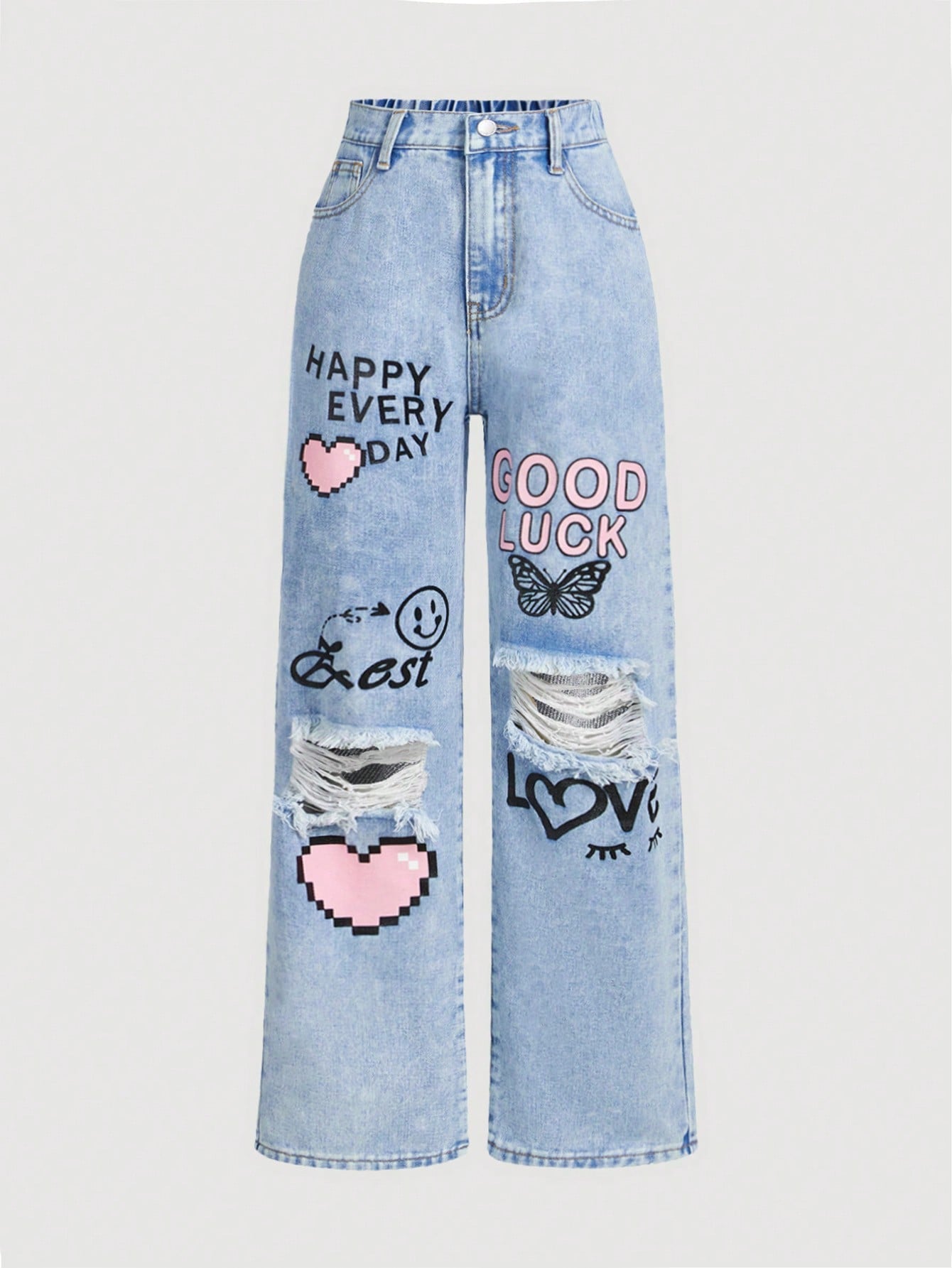 Tween Girls' Light Blue Love Heart Ripped Denim Pants - Straight Leg, Zipper Fly, Pockets