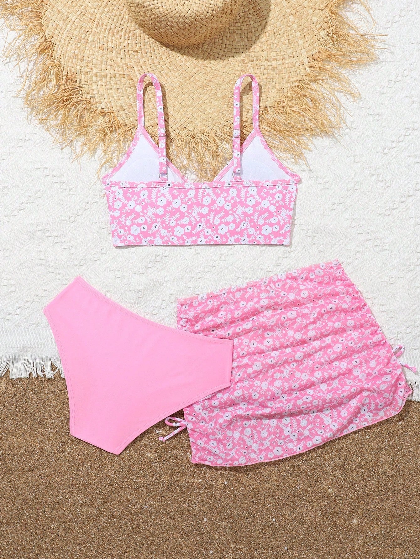 3pcs Tween Girls' Boho Floral Bikini Set - Ruched, Skirt Bottom, Wireless Bra