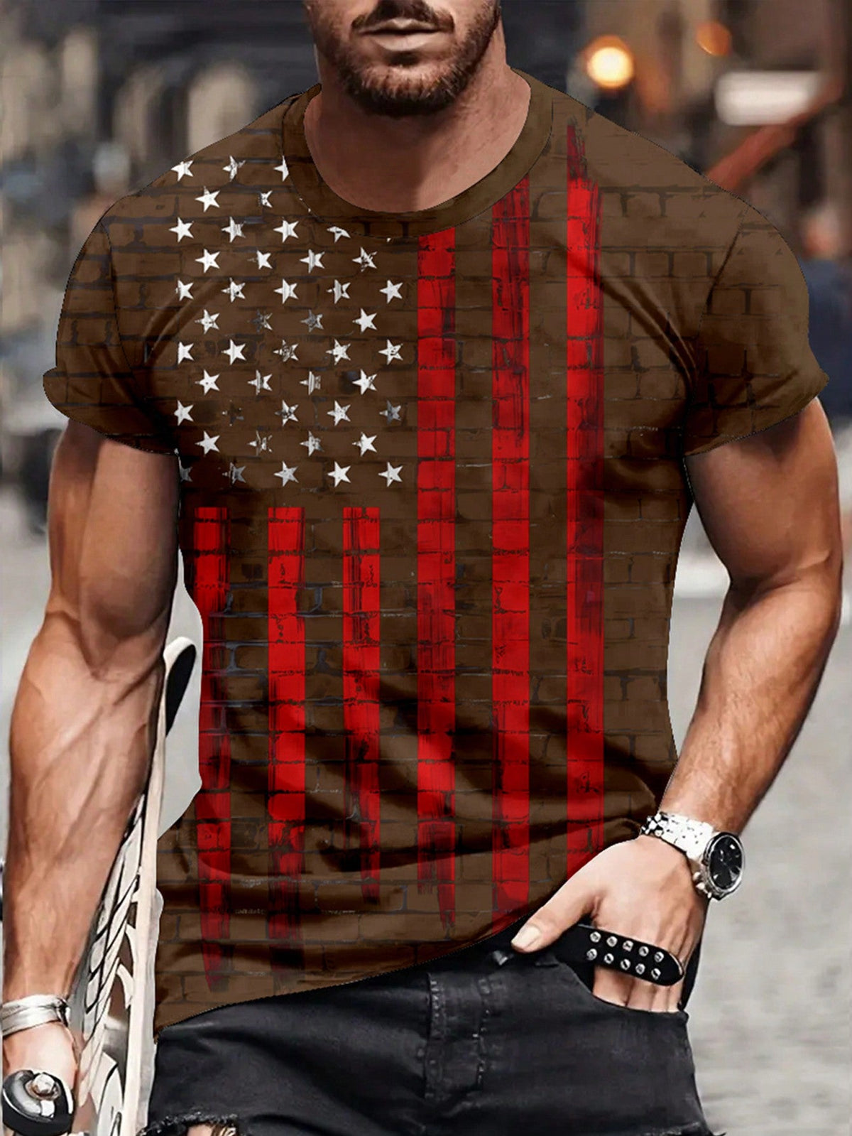 Men's Casual Americana Flag Print Tee, Round Neck, Short Sleeve, Regular Fit