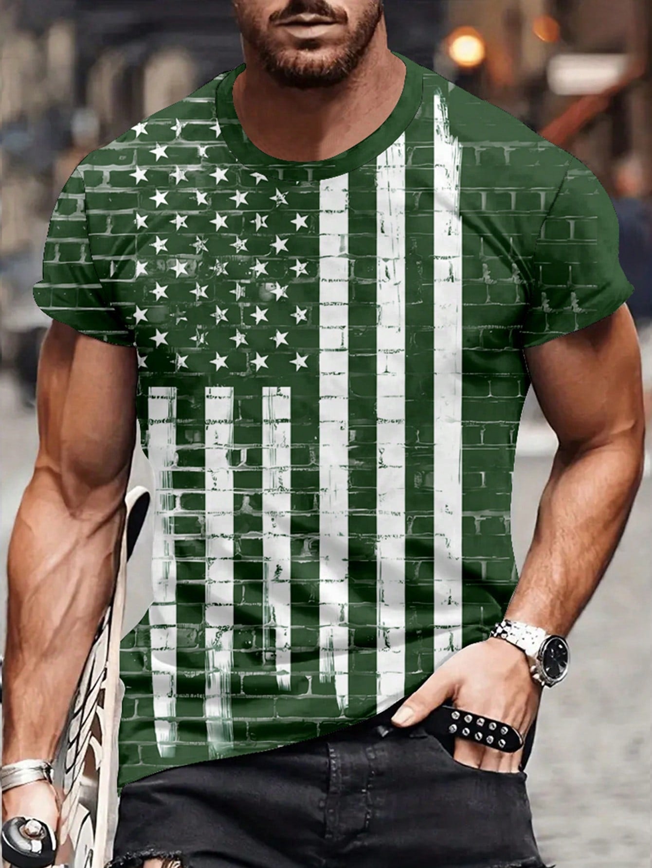 Men's Casual Americana Flag Print Tee, Round Neck, Short Sleeve, Regular Fit