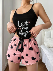 Heart & Letter Print Cami Top And Shorts Pajama Set