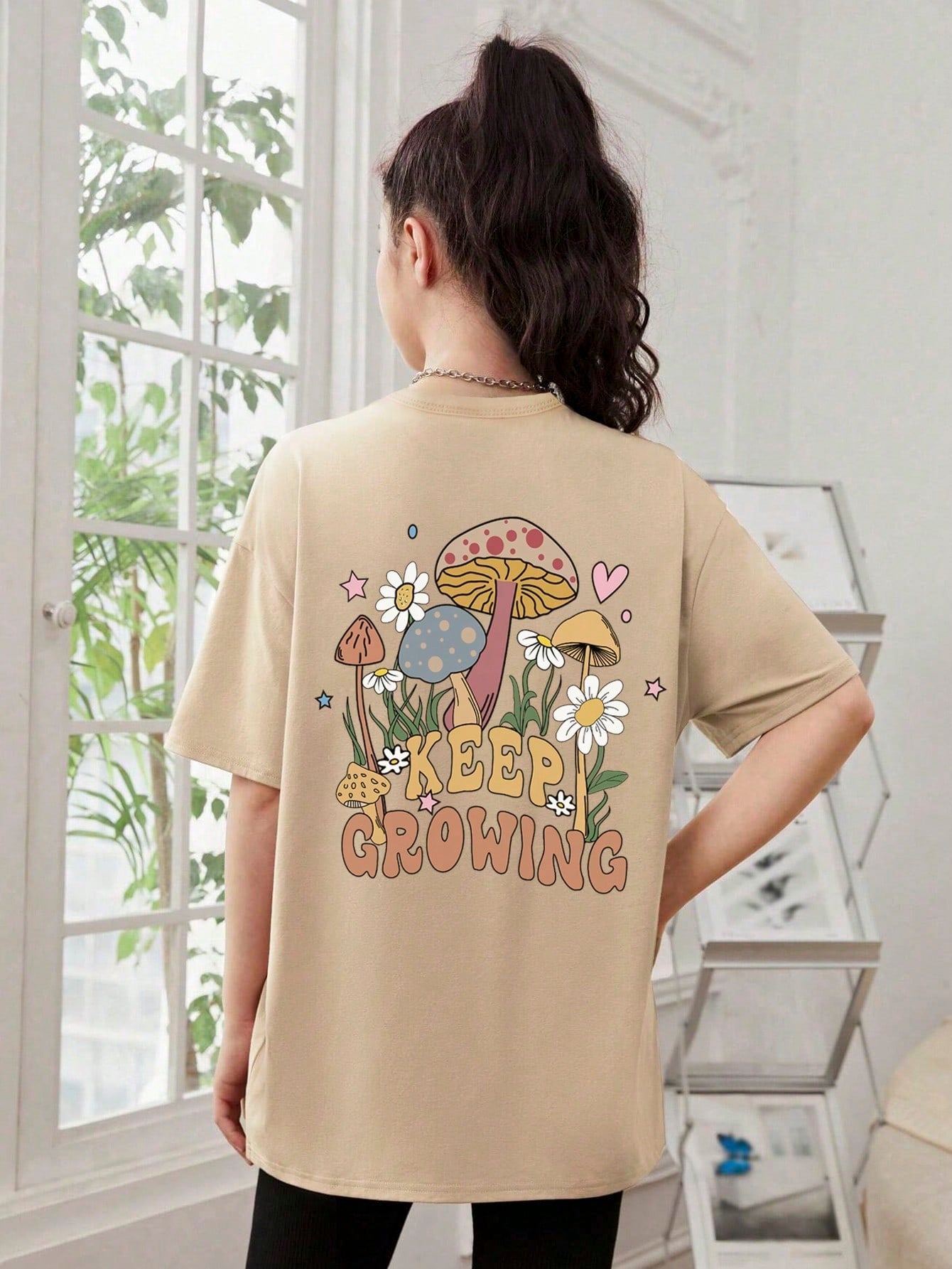 Tween Girl Casual Oversized Mushroom Slogan Tee - Drop Shoulder, Round Neck, Half Sleeve