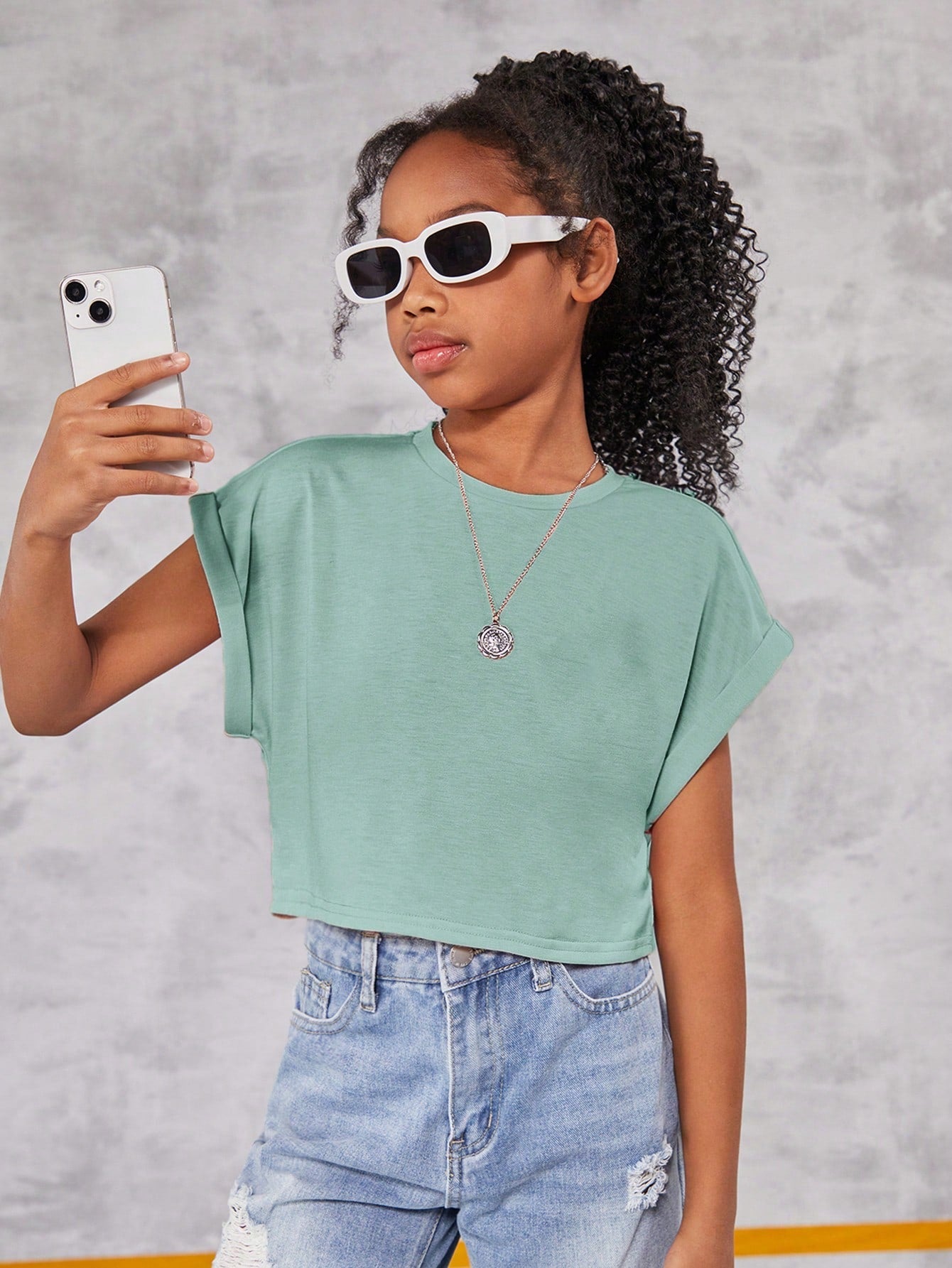 Tween Girl Casual Crop Top - Short Sleeves, Round Neck, Rolled Cuff, Solid Color