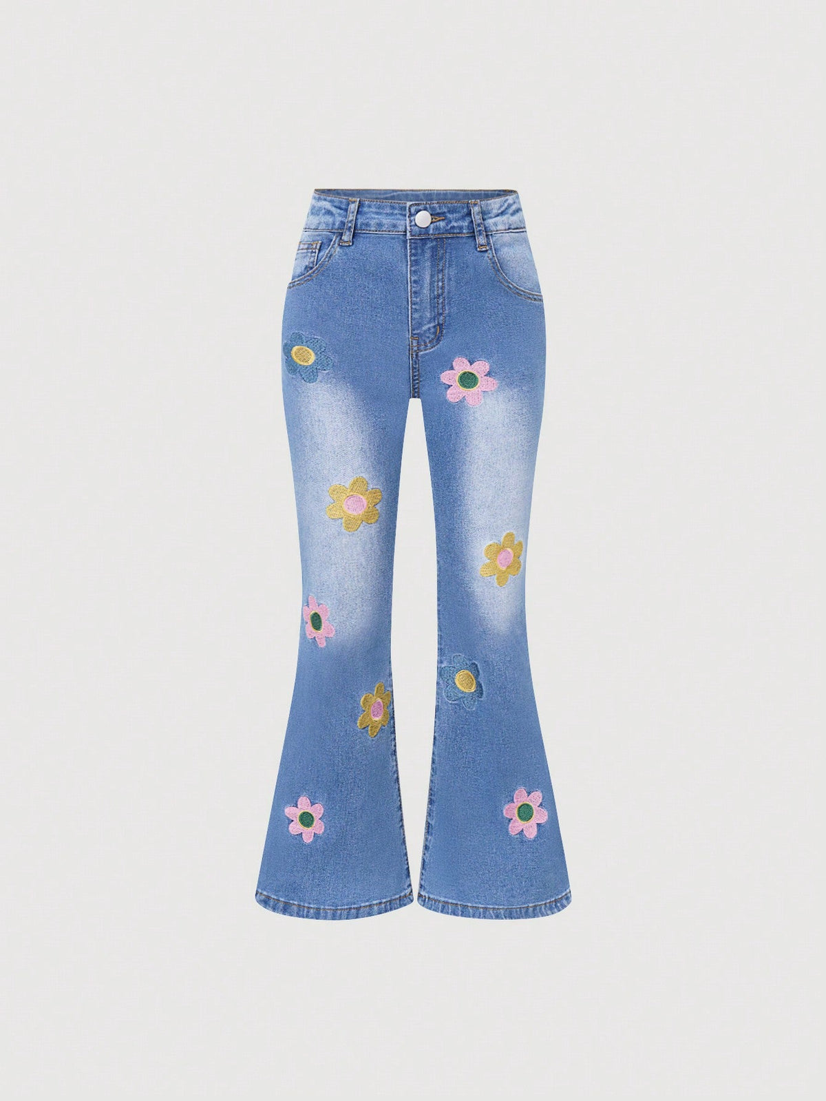 Tween Girls' Floral Flare Jeans - Zipper Fly, Drop Waist, Medium Stretch Denim