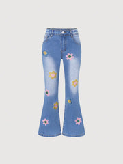 Tween Girls' Floral Flare Jeans - Zipper Fly, Drop Waist, Medium Stretch Denim