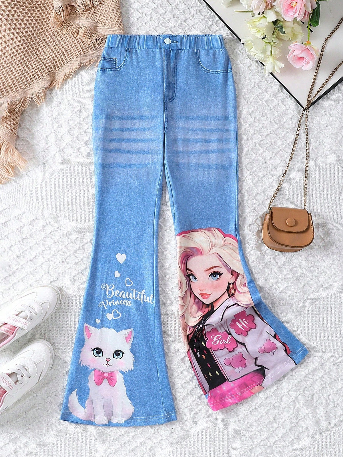 Tween Girls' Casual Cartoon Print Flared Jeans - Elastic Waist, Washed, Medium Stretch