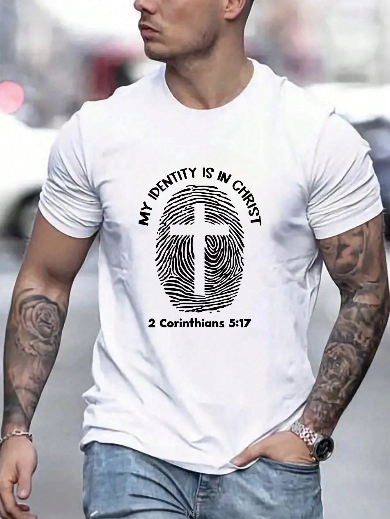 Men's Summer Casual Cross & Letter Print T-Shirt, Short Sleeve, Round Neck