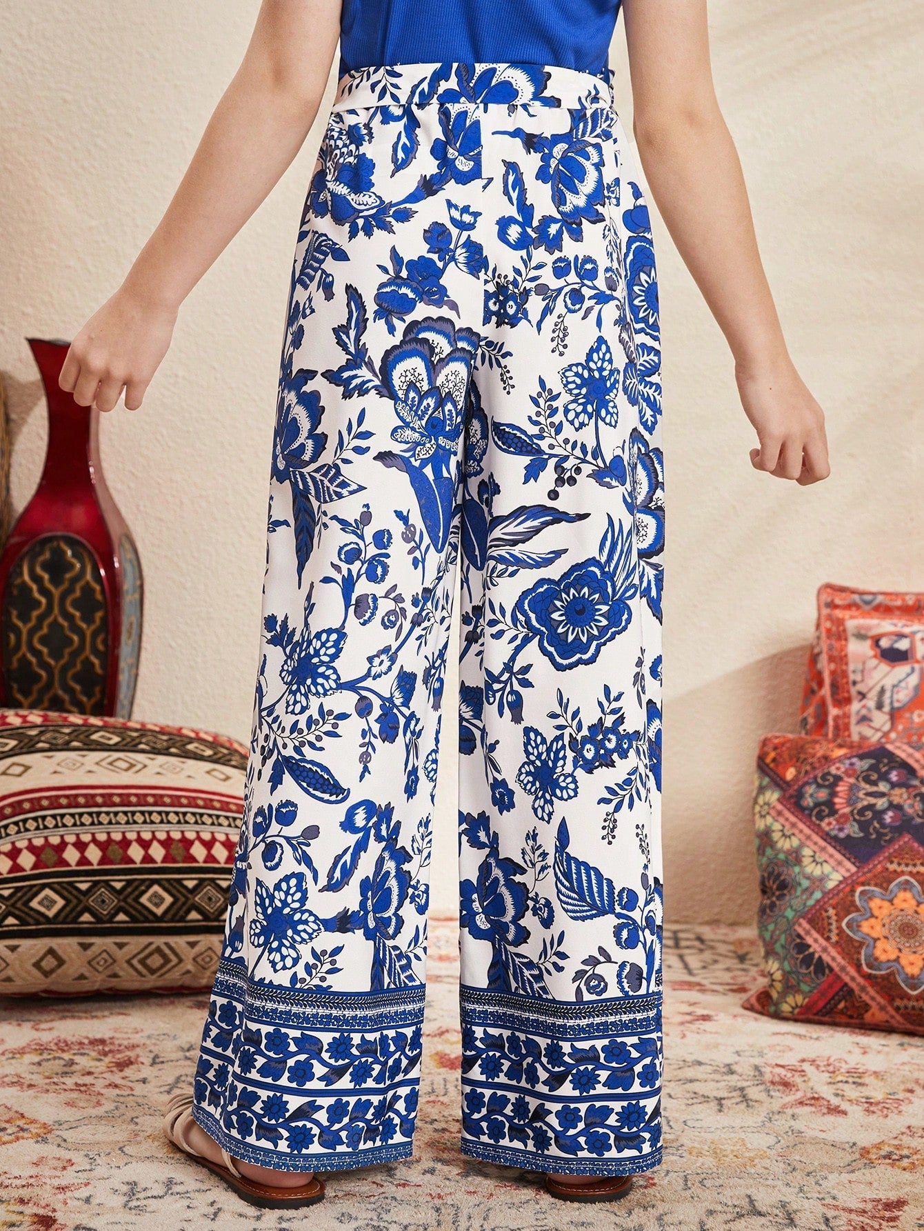 Boho Floral Wide Leg Pants for Tween Girls - High Waist, Elastic, Loose Fit