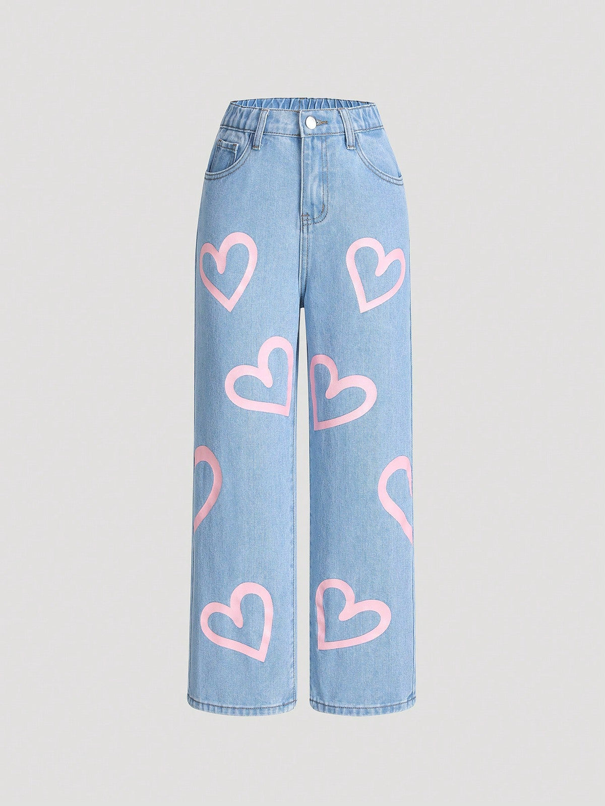 Tween Girls' Heart Print Straight Leg Jeans - Zipper Fly, Natural Waist, Denim