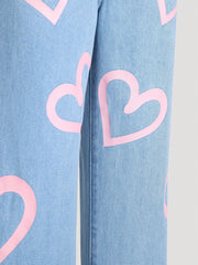 Tween Girls' Heart Print Straight Leg Jeans - Zipper Fly, Natural Waist, Denim