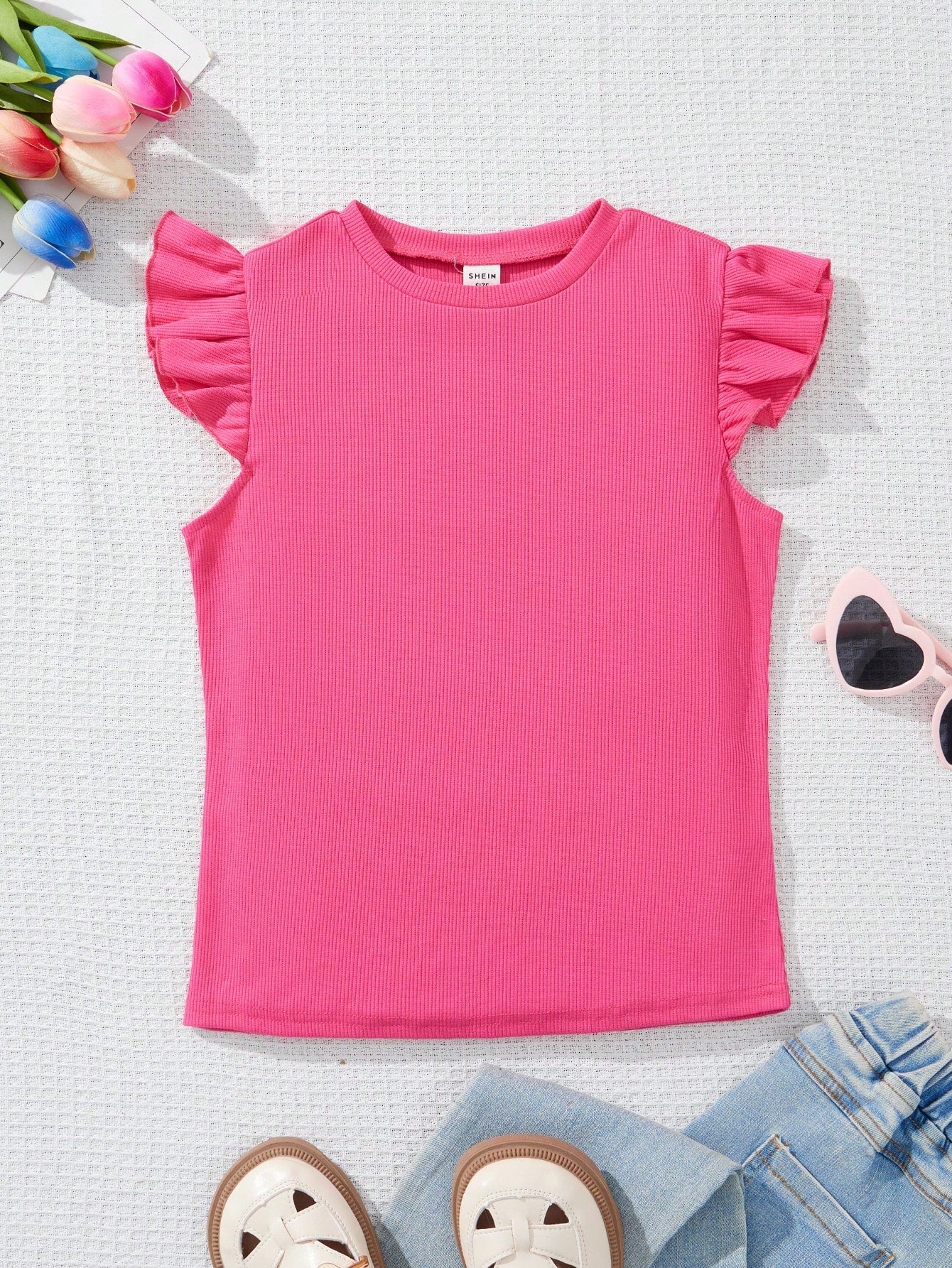 Tween Girl Cute Casual Knit Top - Round Neck, Flounce Sleeves, Rib-Knit Details