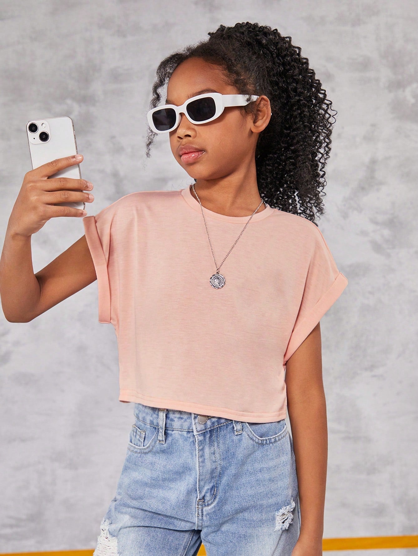 Tween Girl Casual Crop Top - Short Sleeves, Round Neck, Rolled Cuff, Solid Color