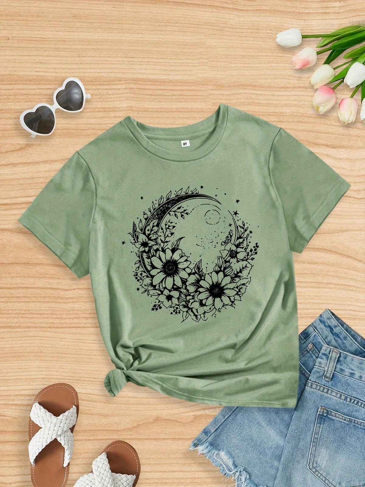 Tween Girl Flower Moon Graphic Shirt - Casual, Breathable, Short Sleeve, Spring/Summer