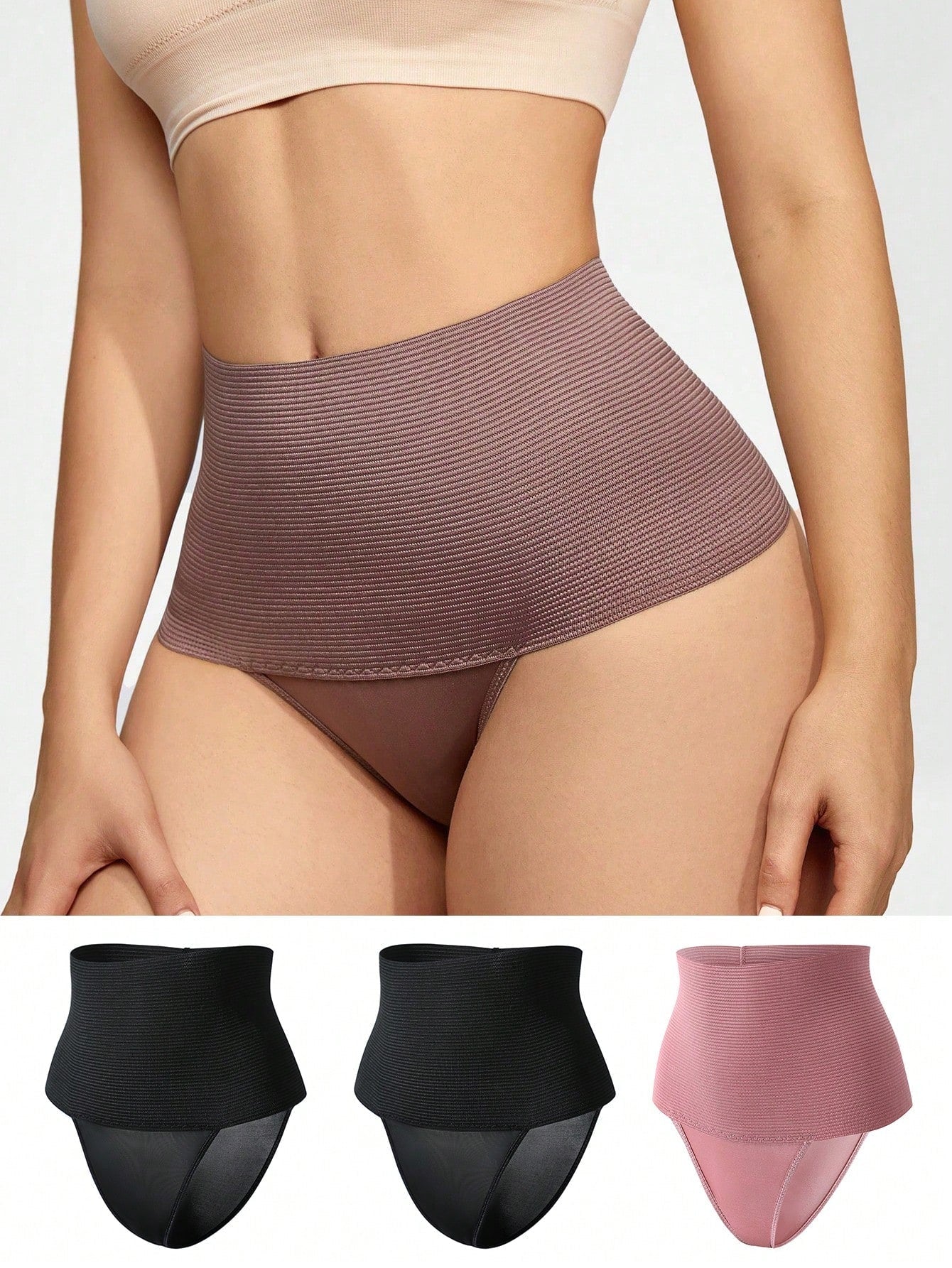 Women's Shaping Underwear Set - Mesh Splicing, Pure Color (3pcs)