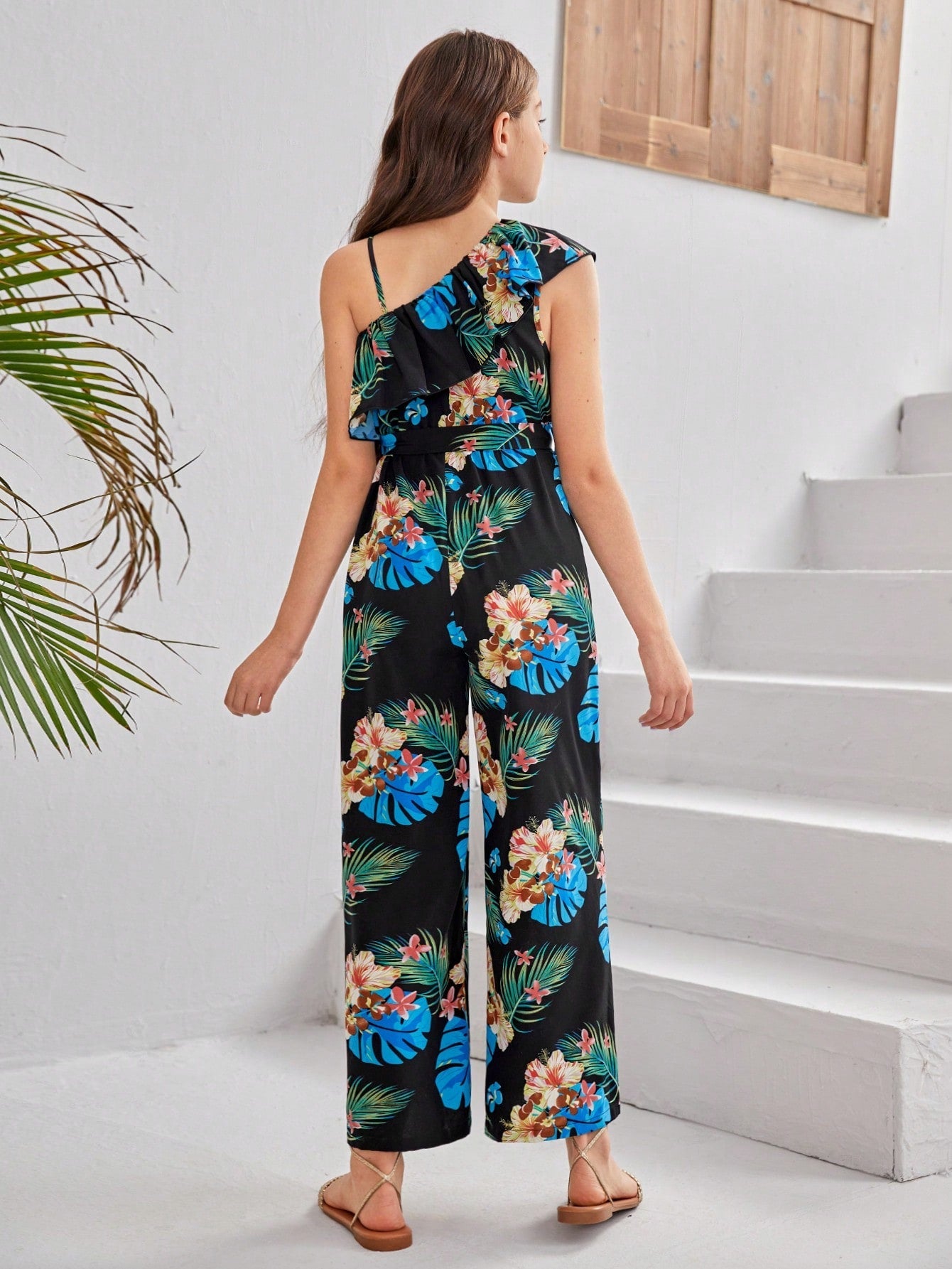 Boho Tropical Print Sleeveless Wide Leg Jumpsuit for Tween Girls - Beach Vacation Ready