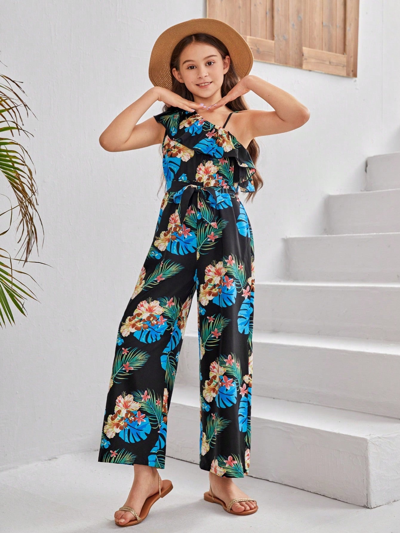 Boho Tropical Print Sleeveless Wide Leg Jumpsuit for Tween Girls - Beach Vacation Ready