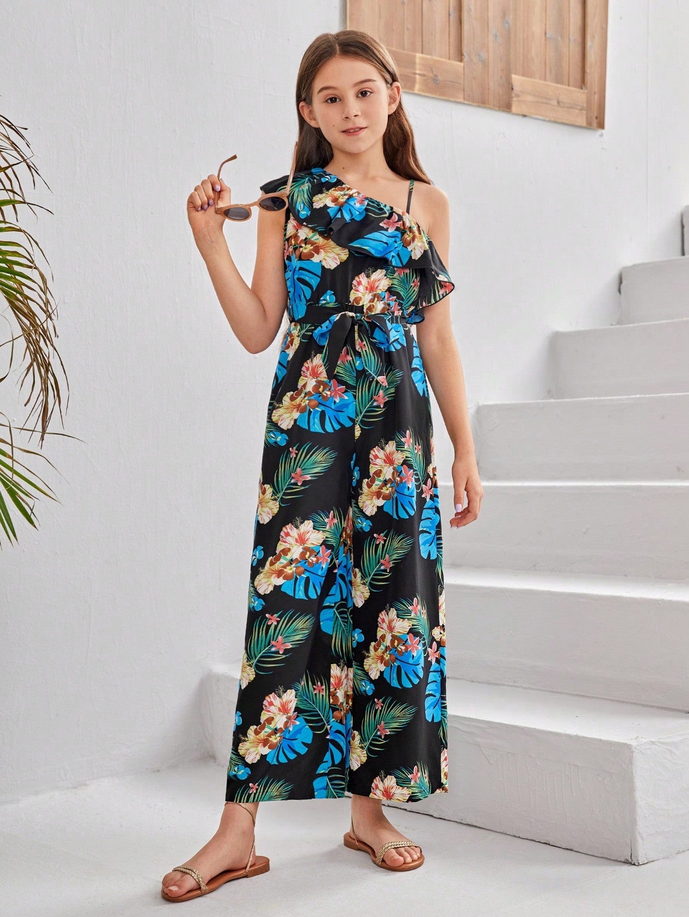 Boho Tropical Print Sleeveless Wide Leg Jumpsuit for Tween Girls - Beach Vacation Ready